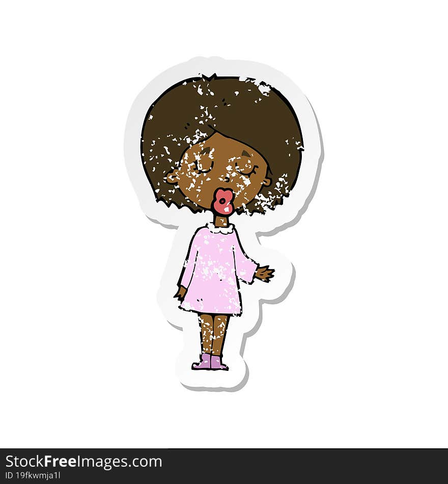 retro distressed sticker of a cartoon woman explaining her point