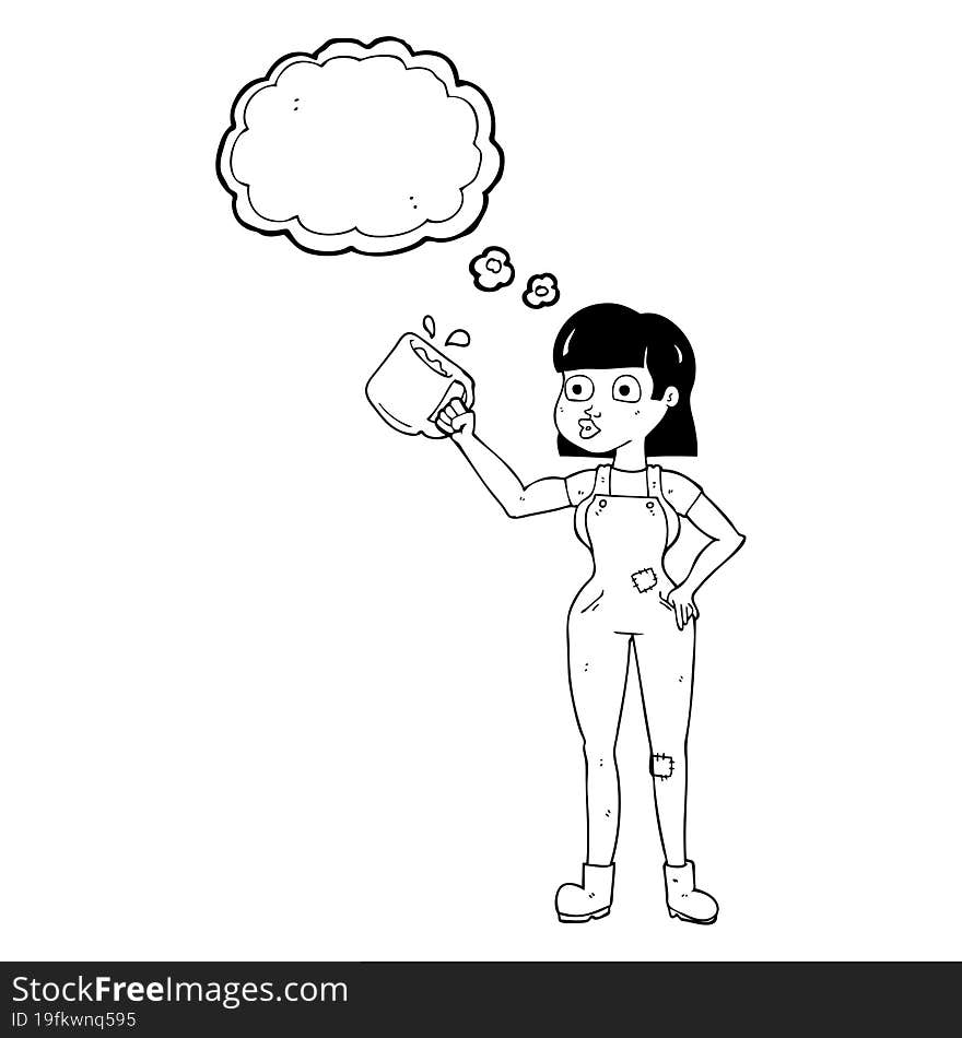 freehand drawn thought bubble cartoon female worker with coffee mug