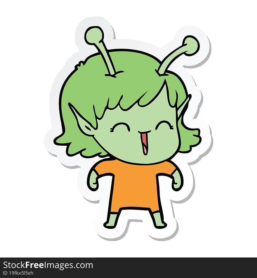 sticker of a cartoon alien girl laughing