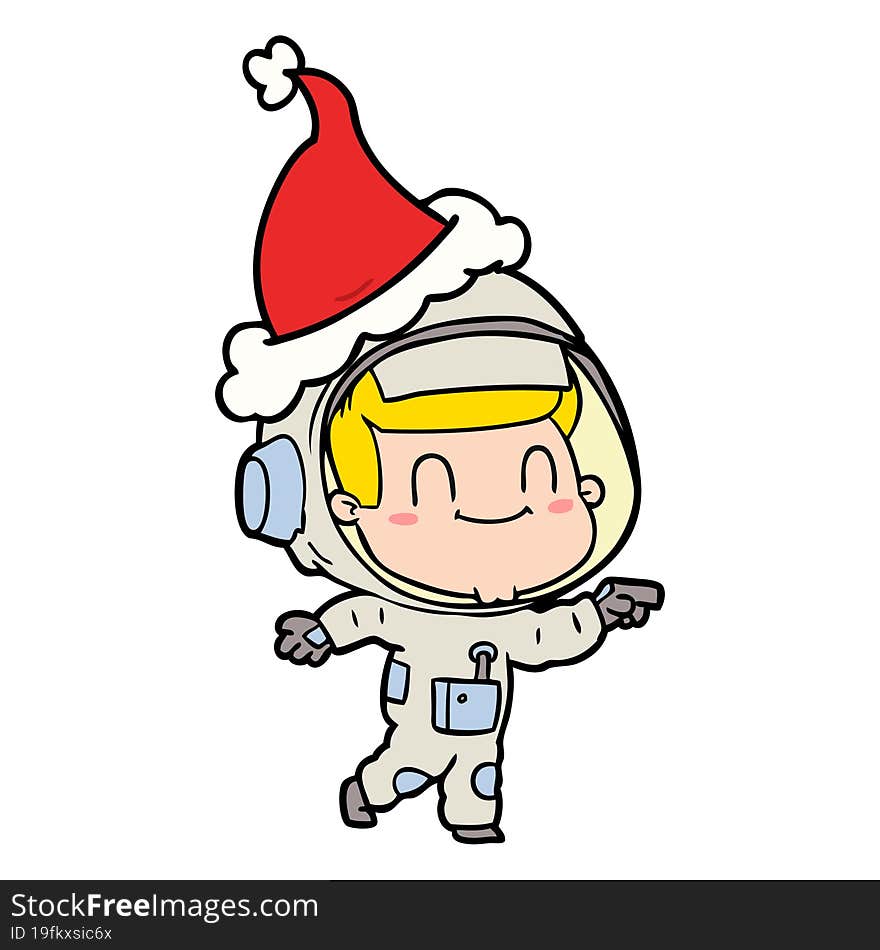 happy line drawing of a astronaut man wearing santa hat