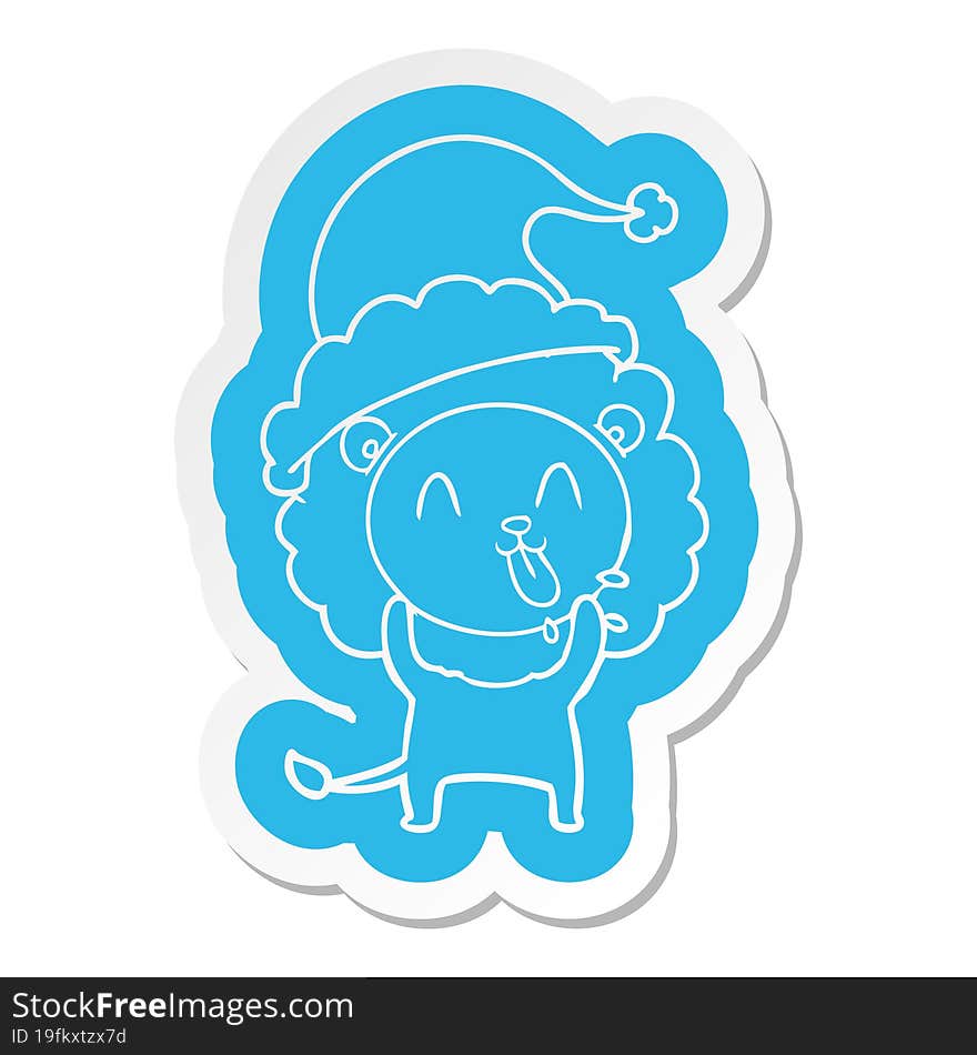 happy cartoon  sticker of a lion wearing santa hat