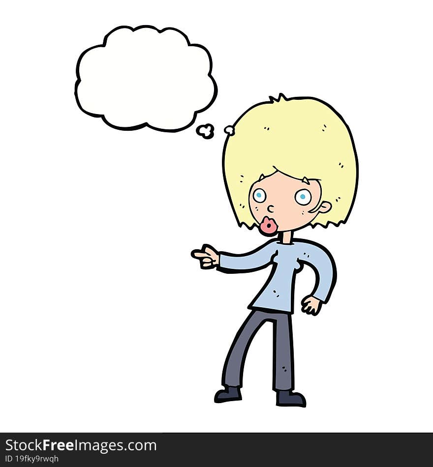 cartoon woman pointing with thought bubble