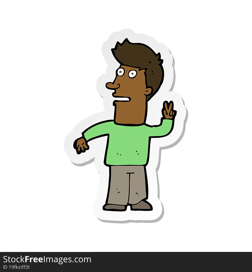 sticker of a cartoon man making peace sign