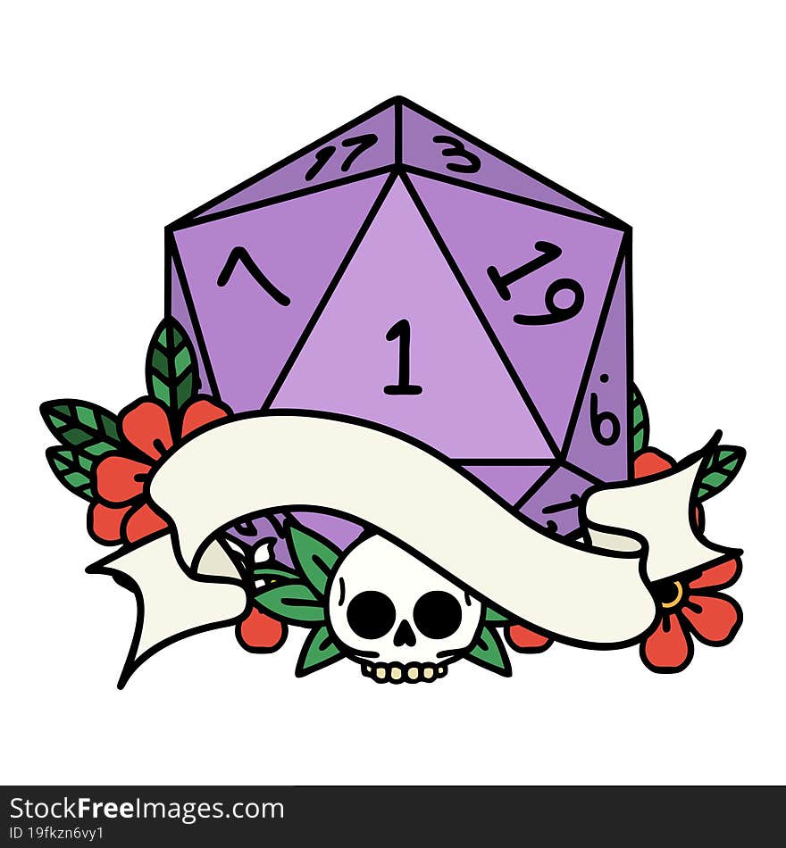 Retro Tattoo Style natural one d20 dice roll. Retro Tattoo Style natural one d20 dice roll