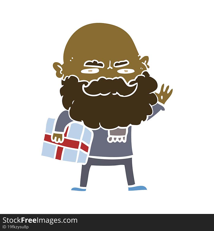 flat color style cartoon man with beard frowning with xmas gift