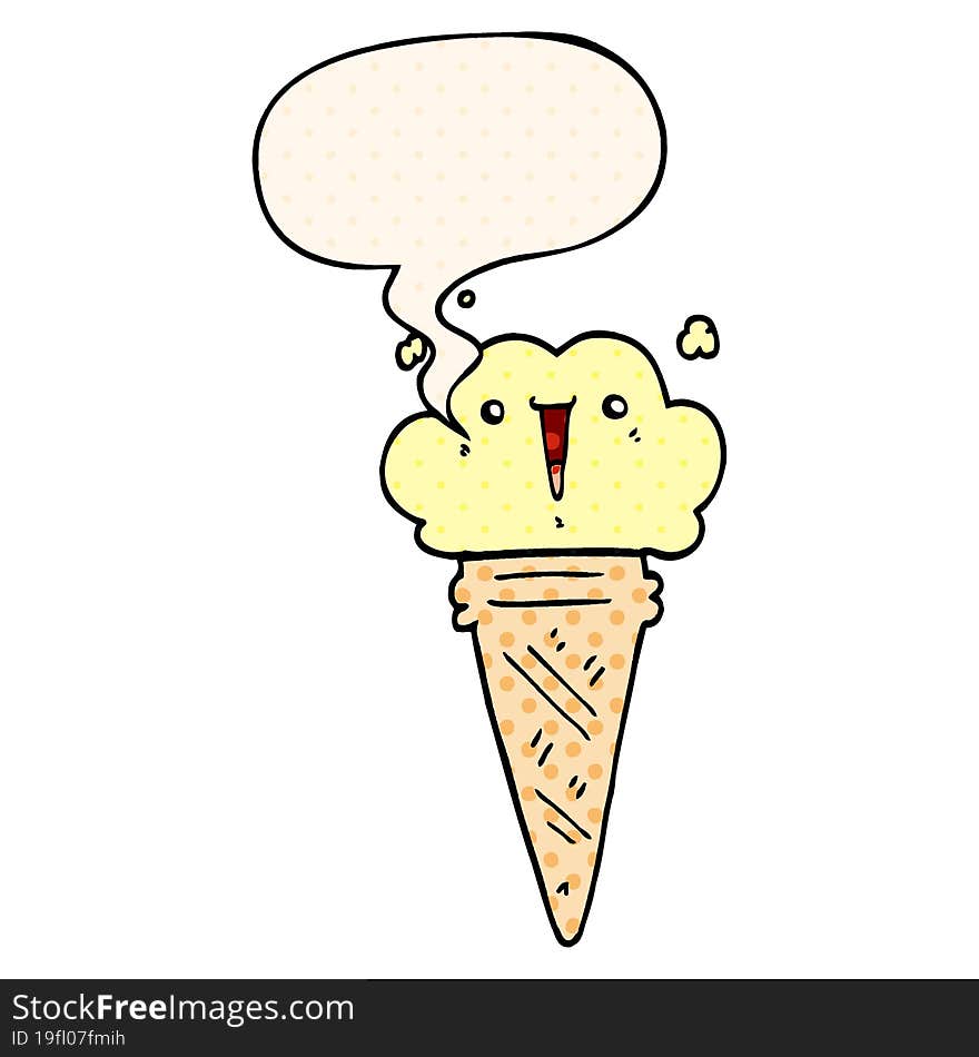 cartoon ice cream and face and speech bubble in comic book style