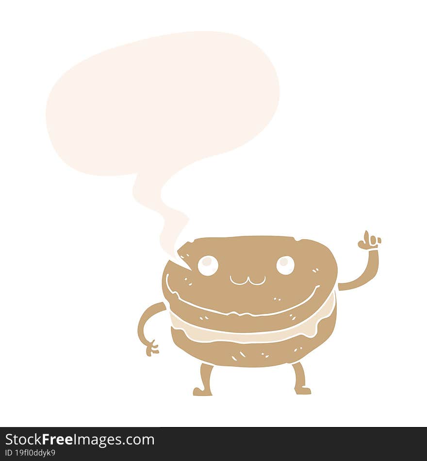 cartoon waving cake character and speech bubble in retro style