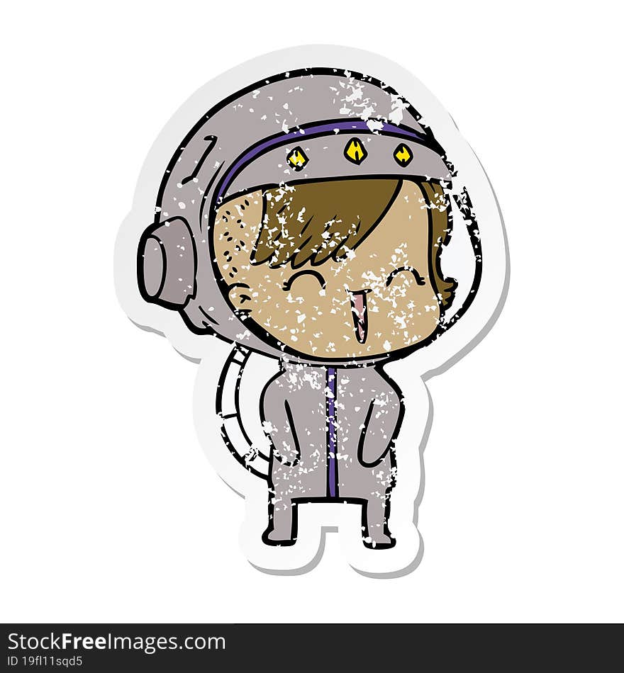 Distressed Sticker Of A Happy Cartoon Space Girl