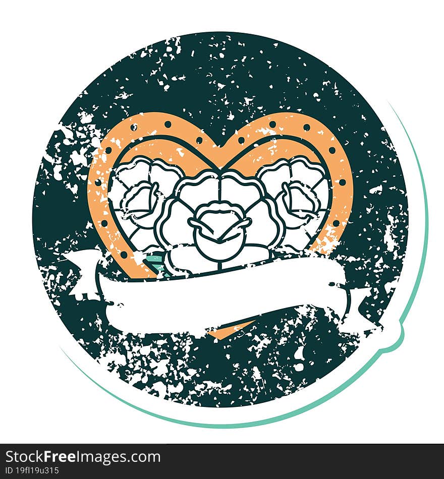 Distressed Sticker Tattoo Style Icon Of A Heart And Banner With Flowers