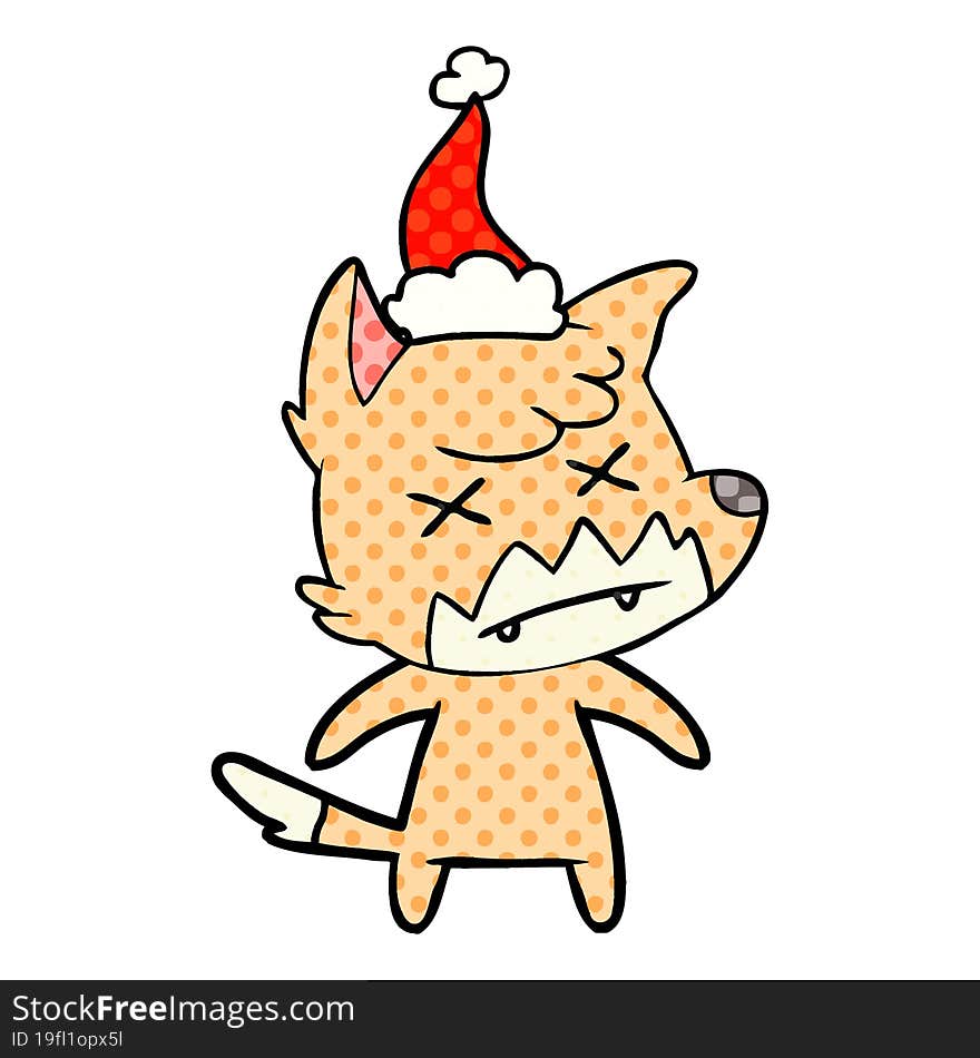 comic book style illustration of a dead fox wearing santa hat