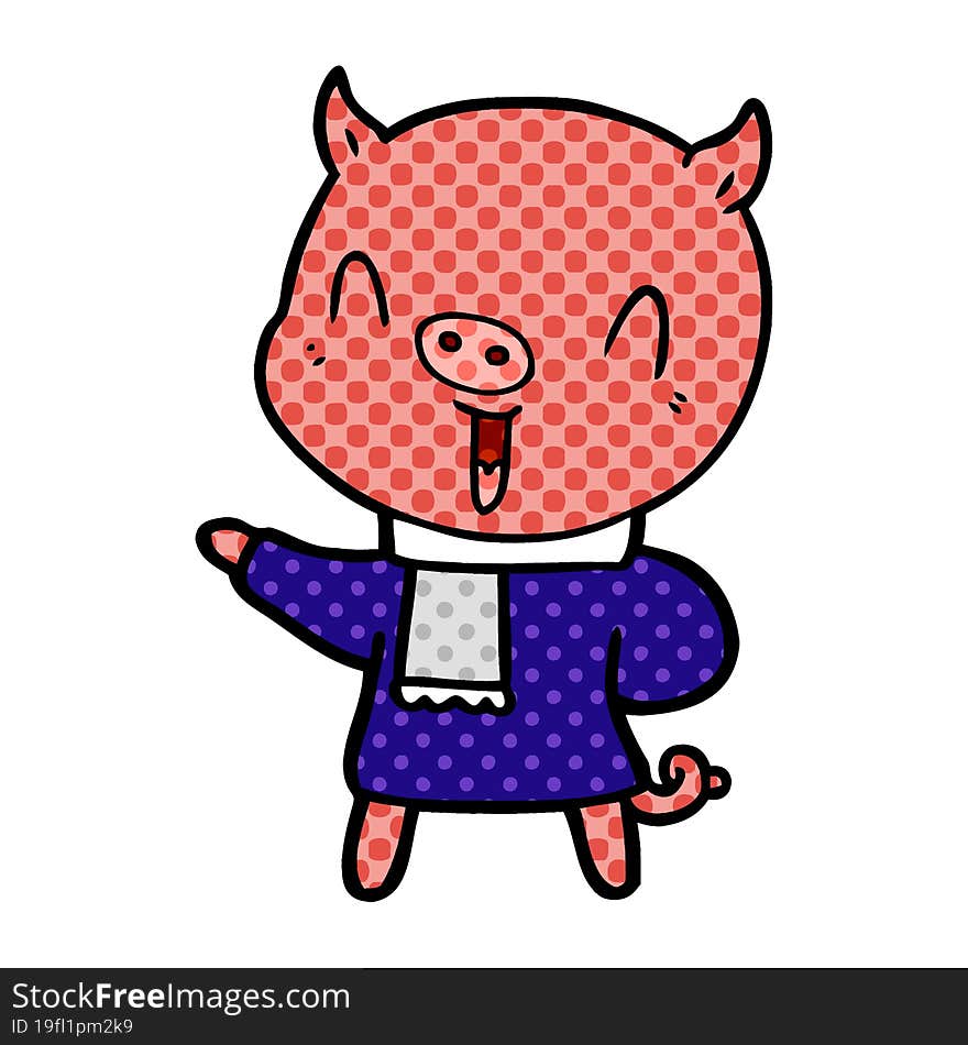 happy cartoon pig in winter clothes. happy cartoon pig in winter clothes