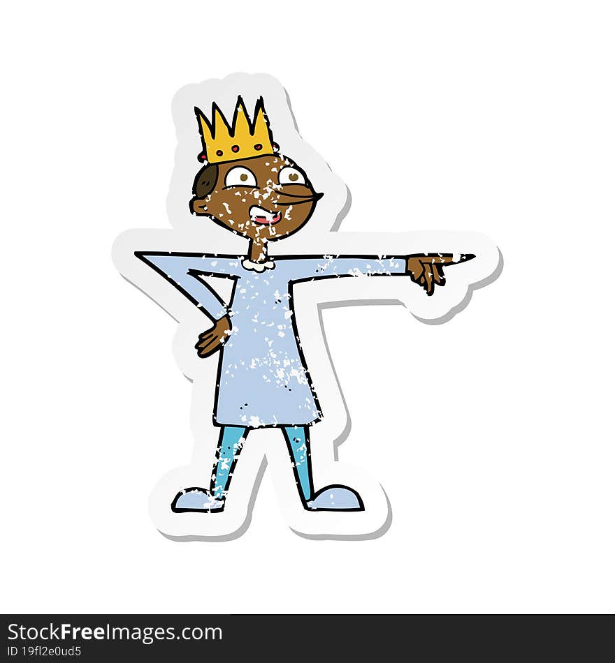 retro distressed sticker of a cartoon pointing prince