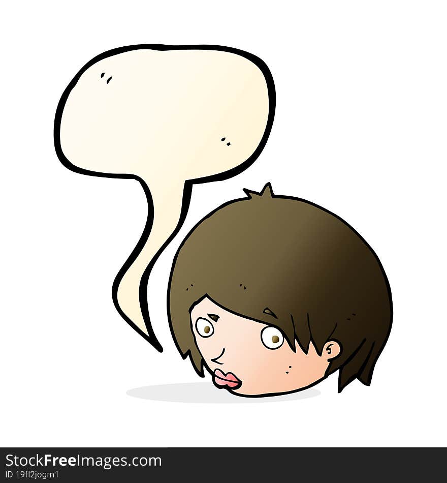 cartoon female face with raised eyebrow with speech bubble