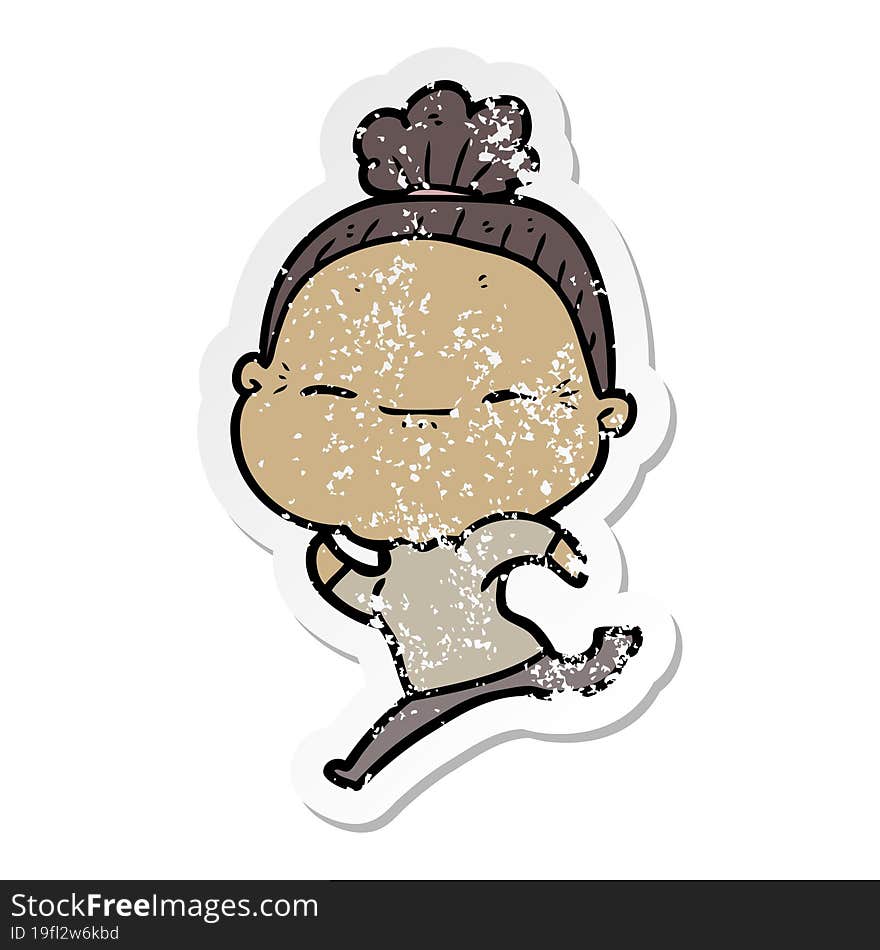 distressed sticker of a cartoon peaceful old woman