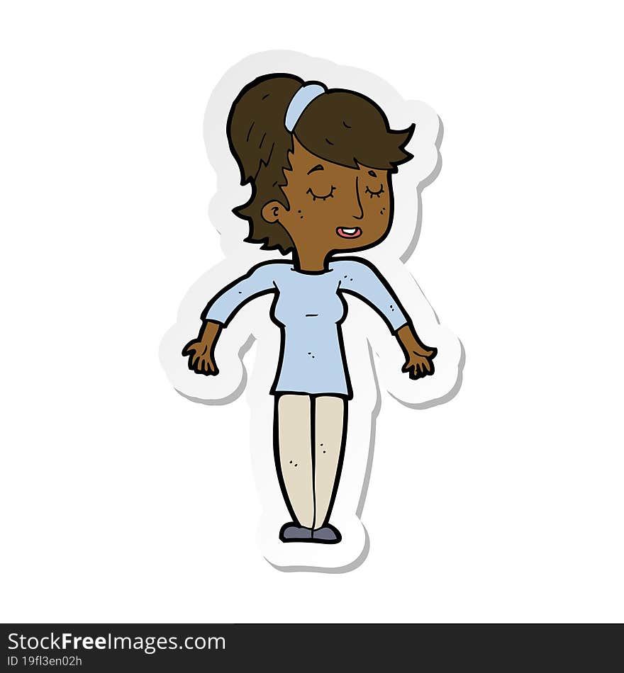 sticker of a cartoon friendly woman shrugging shoulders