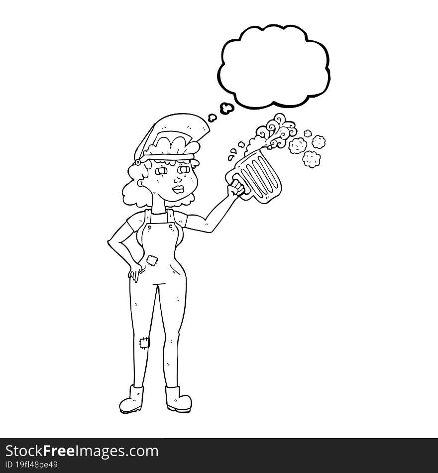 freehand drawn thought bubble cartoon hard working woman with beer