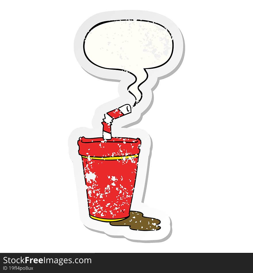 cartoon soda cup and speech bubble distressed sticker