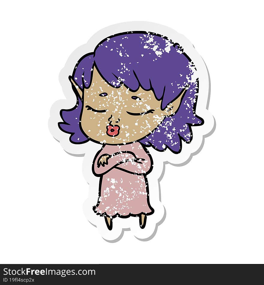 Distressed Sticker Of A Pretty Cartoon Elf Girl With Corssed Arms