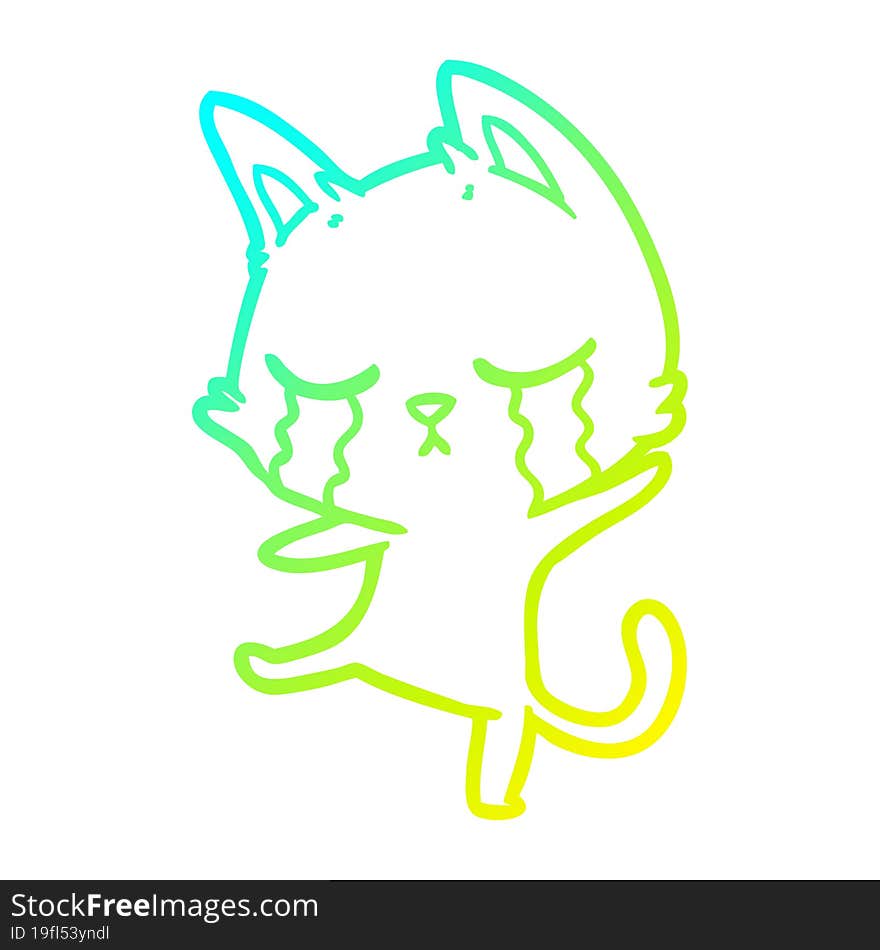 cold gradient line drawing crying cartoon cat performing a dance