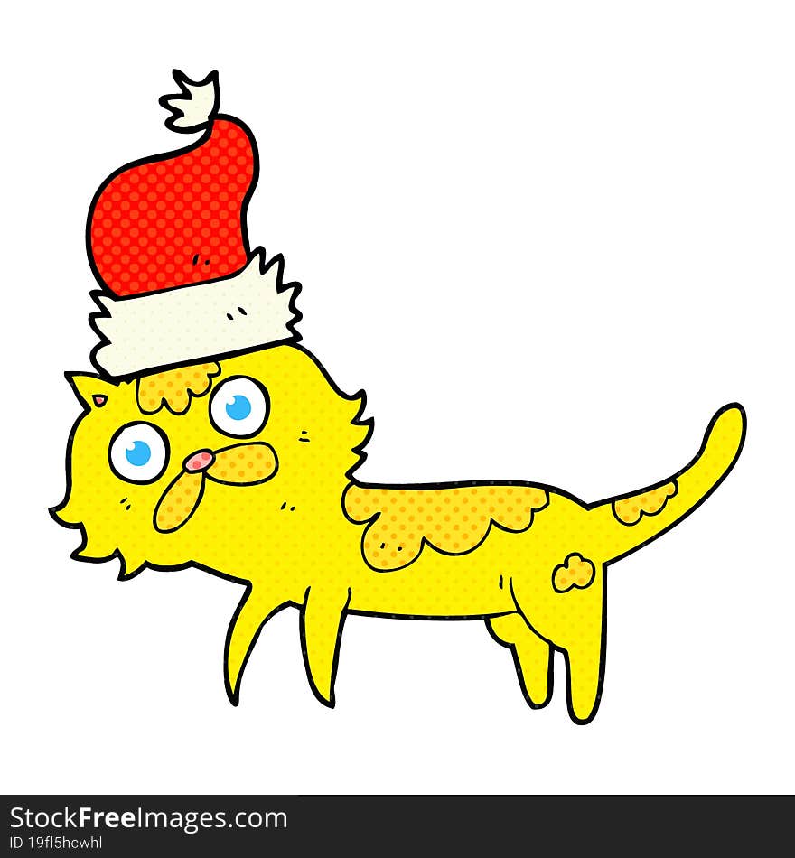 freehand drawn cartoon cat wearing christmas hat