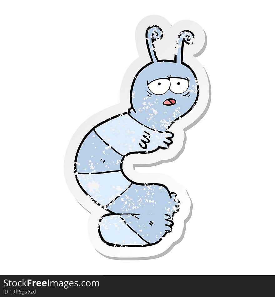 distressed sticker of a cartoon tired caterpillar