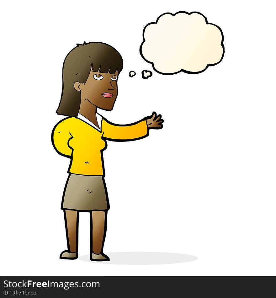 cartoon woman explaining with thought bubble