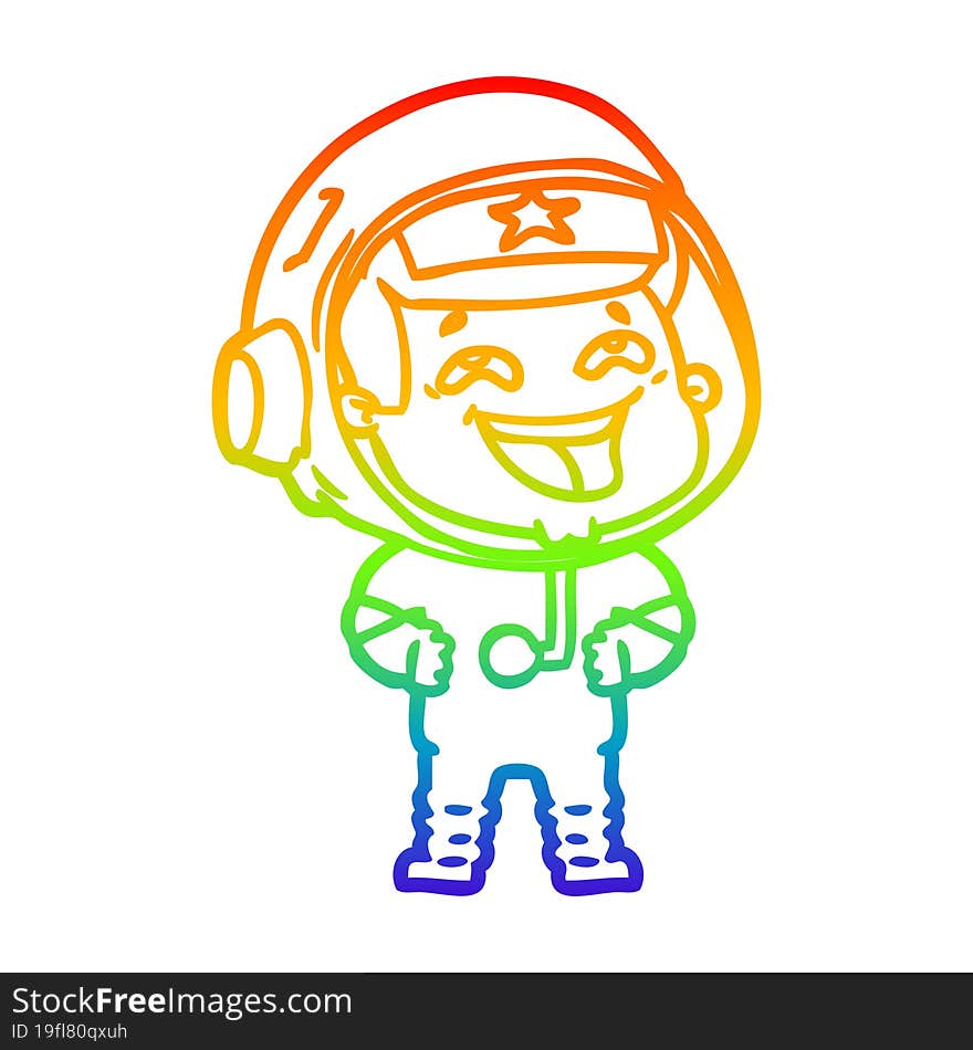 rainbow gradient line drawing of a cartoon laughing astronaut