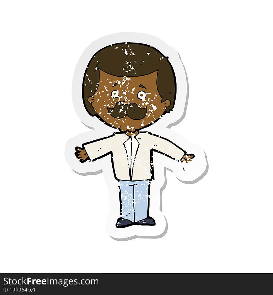 retro distressed sticker of a cartoon mustache man with open arms