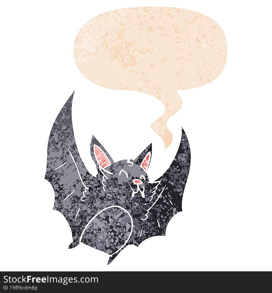 cartoon halloween bat and speech bubble in retro textured style