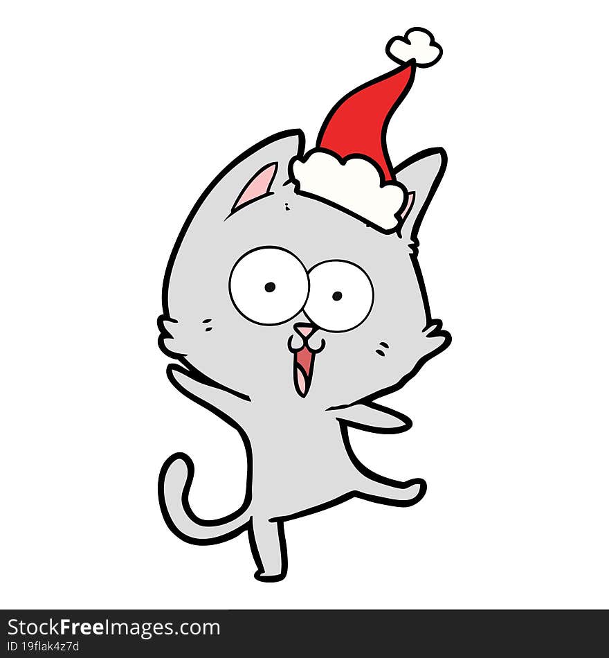 Funny Line Drawing Of A Cat Wearing Santa Hat