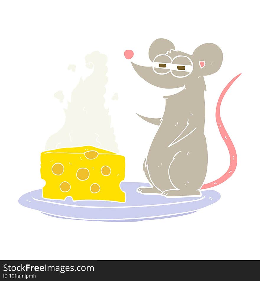 Flat Color Illustration Of A Cartoon Mouse With Cheese