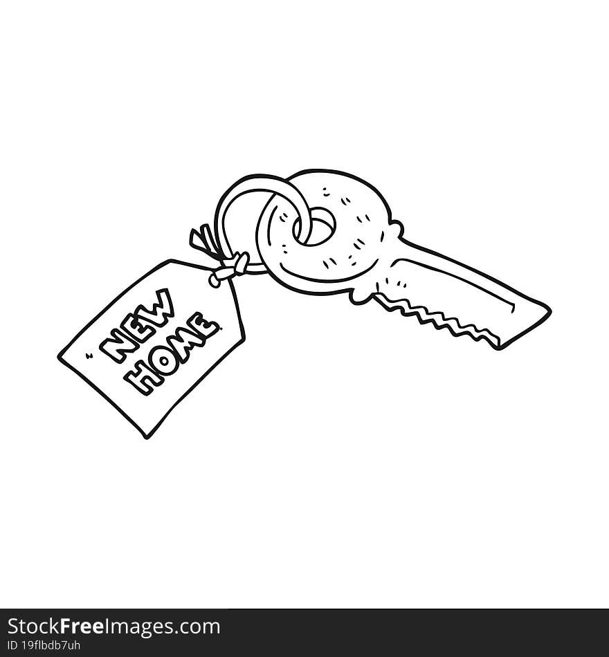 Black And White Cartoon House Key With New Home Tag