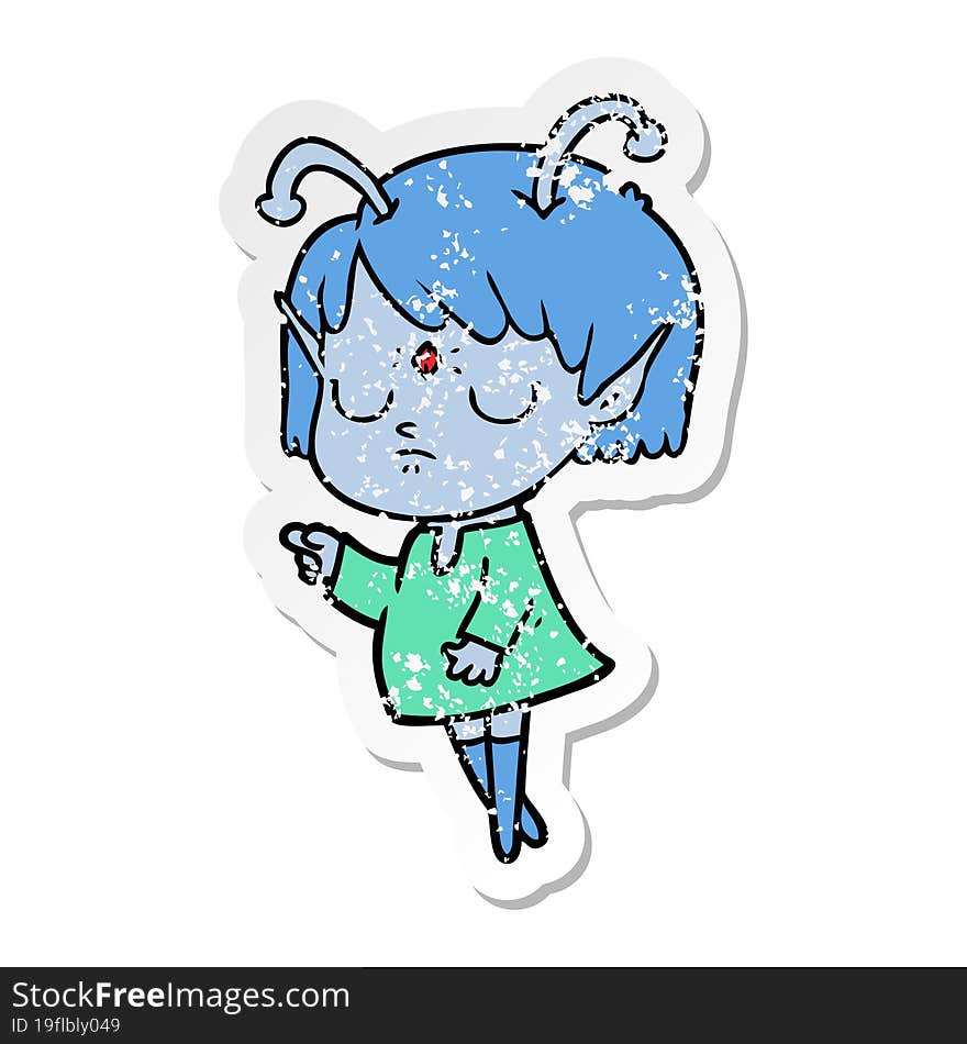 distressed sticker of a cartoon alien girl