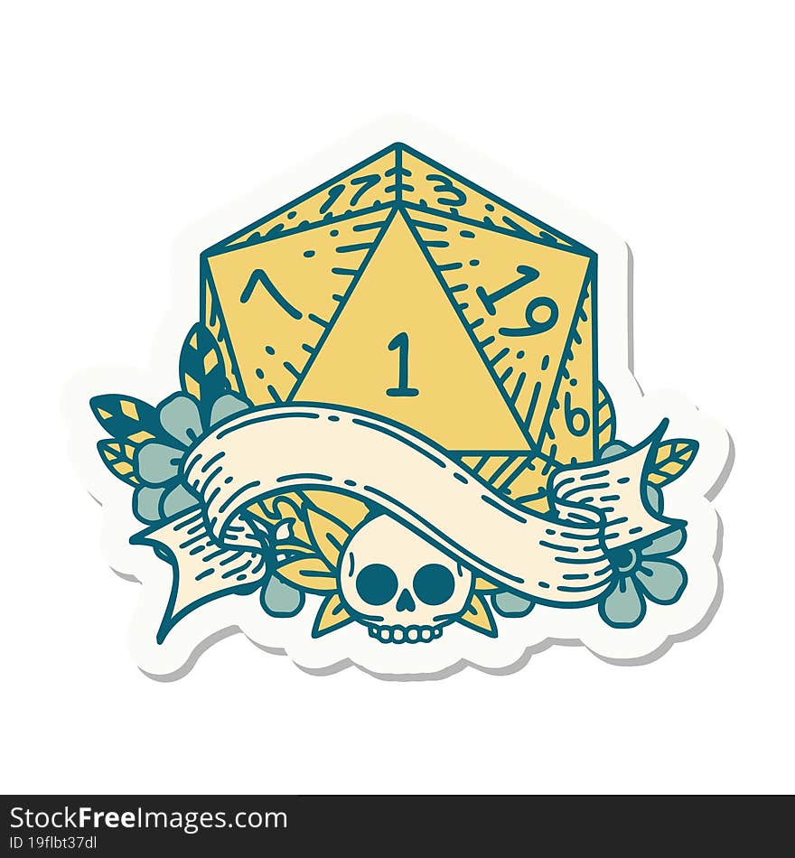 sticker of a natural one d20 dice roll. sticker of a natural one d20 dice roll