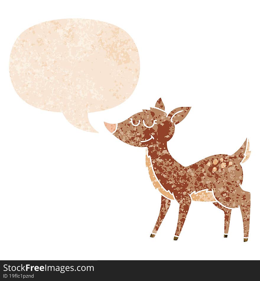 cartoon deer with speech bubble in grunge distressed retro textured style. cartoon deer with speech bubble in grunge distressed retro textured style