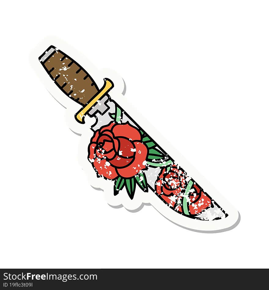 Traditional Distressed Sticker Tattoo Of A Dagger And Flowers