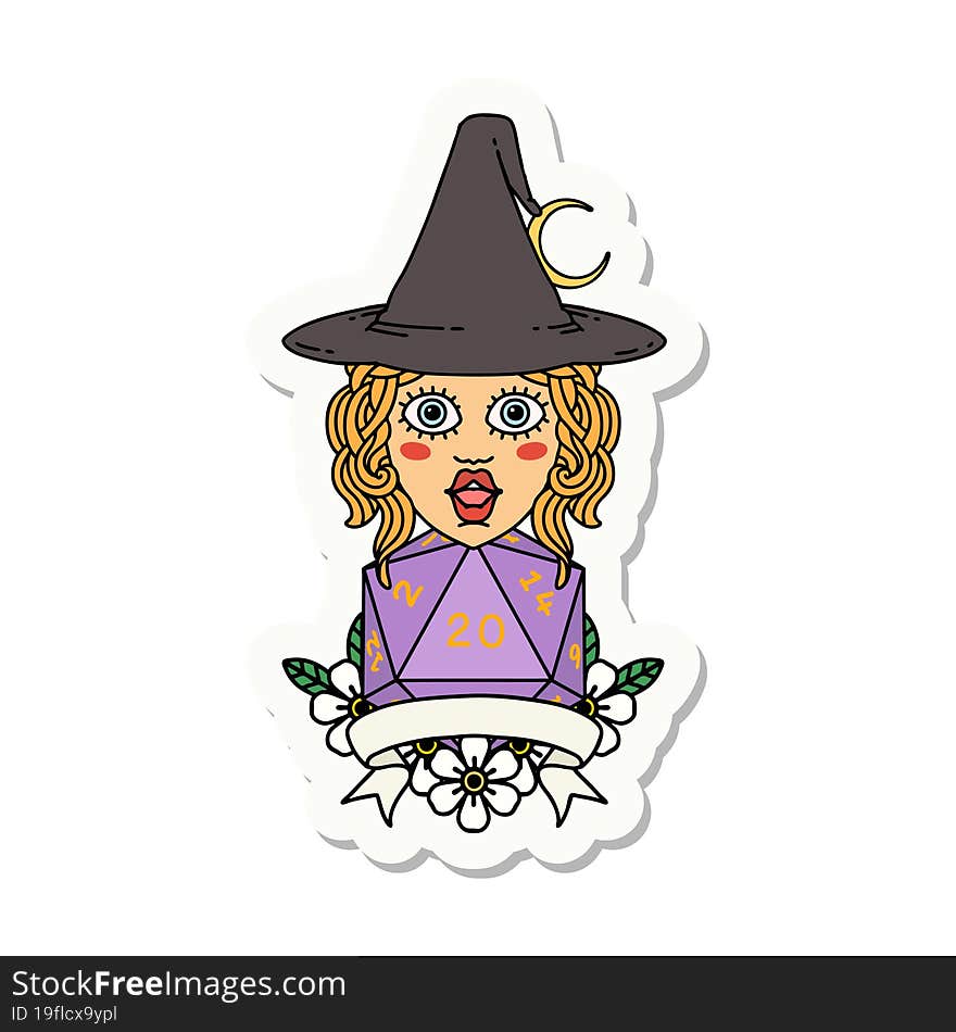 human witch with natural twenty dice roll sticker