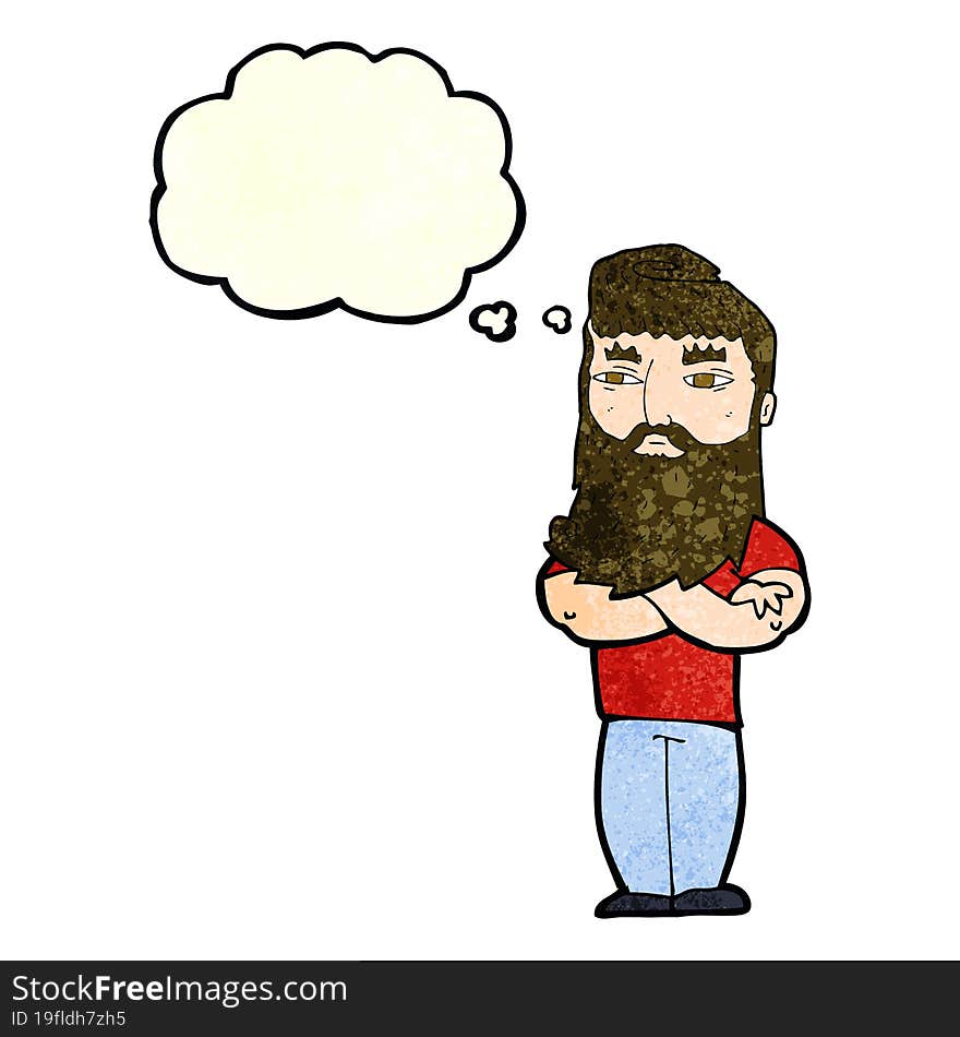 cartoon serious man with beard with thought bubble