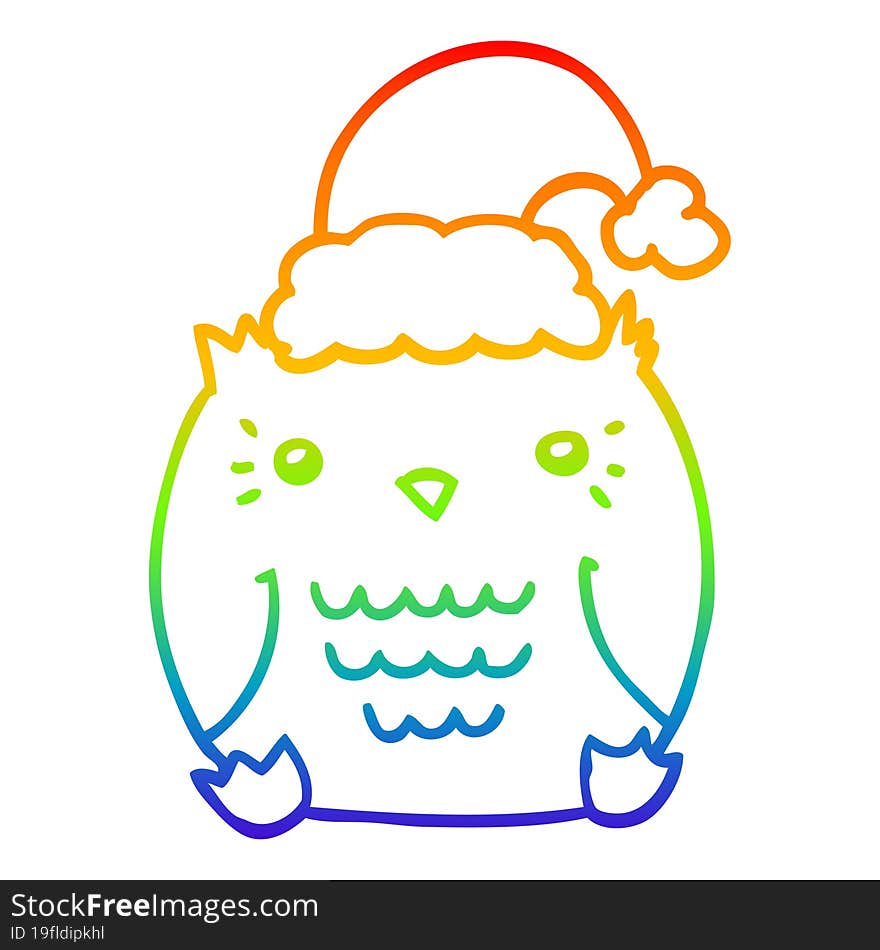 rainbow gradient line drawing cute cartoon owl wearing christmas hat