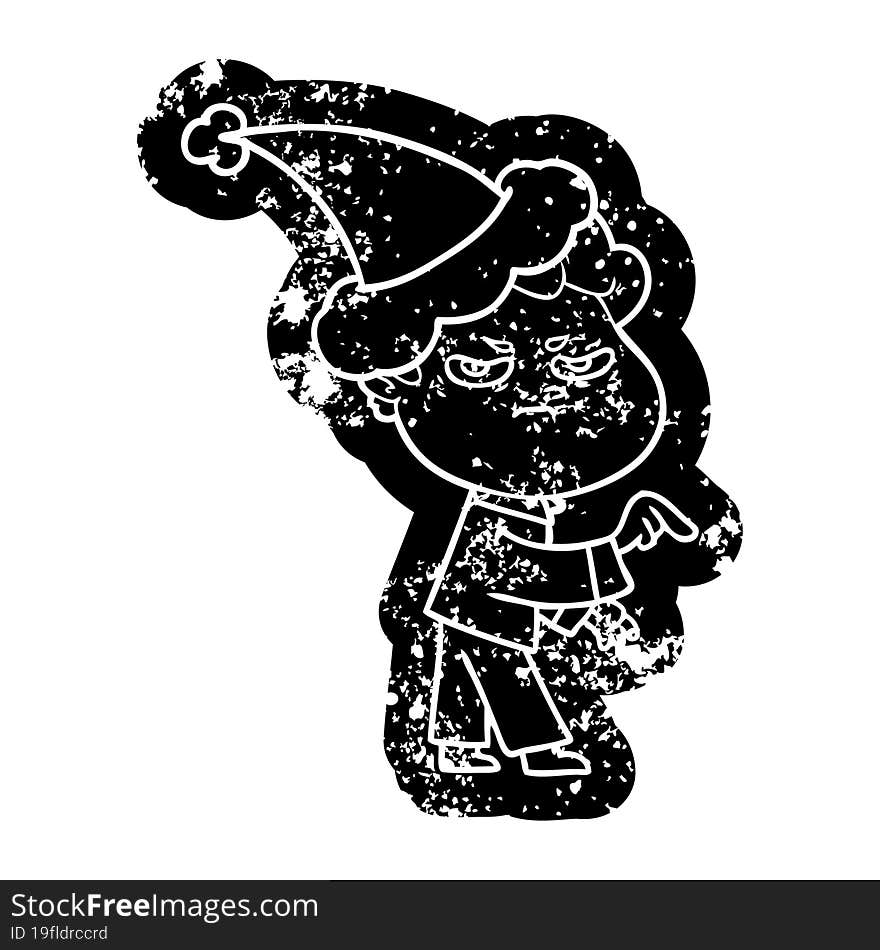 quirky cartoon distressed icon of a angry man wearing santa hat