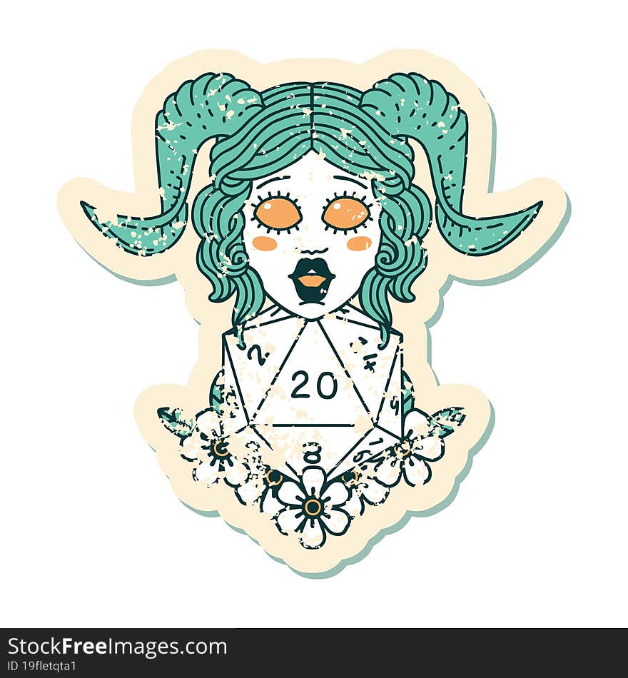 grunge sticker of a tiefling with natural twenty dice roll. grunge sticker of a tiefling with natural twenty dice roll