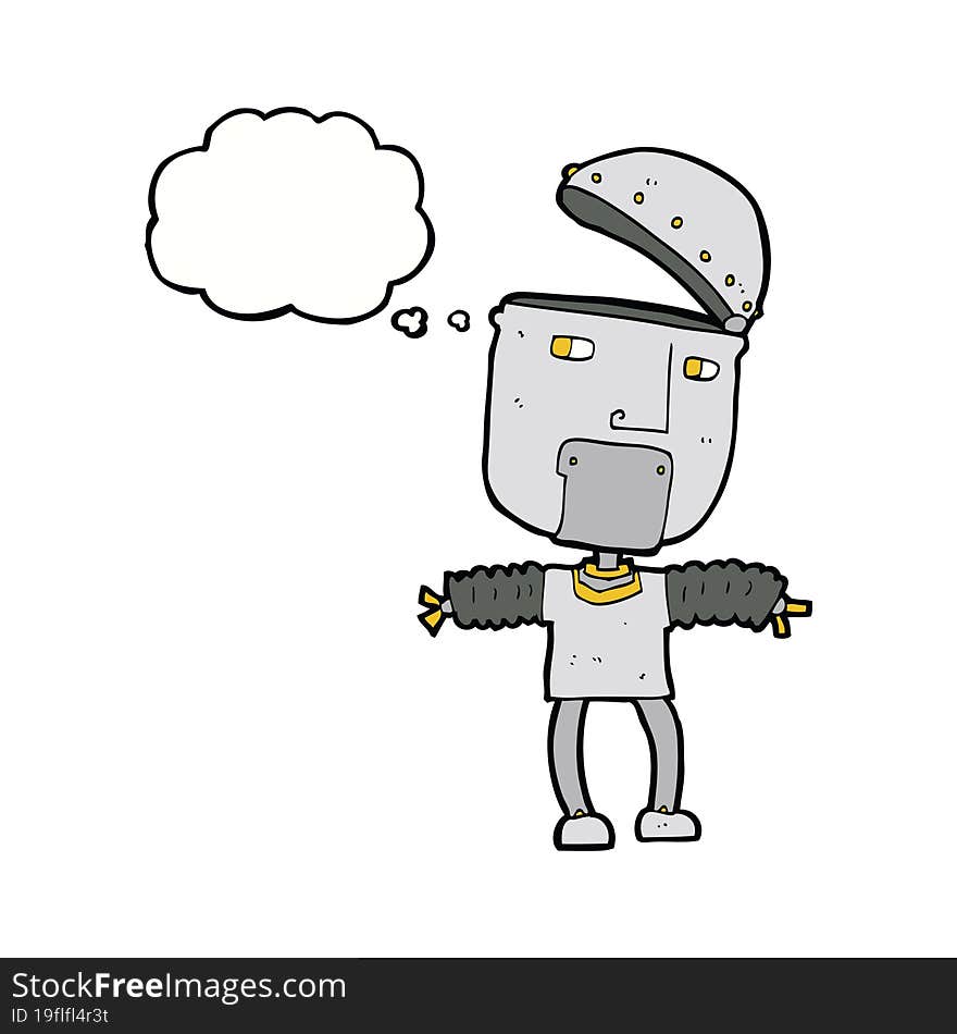 funny cartoon robot with open head with thought bubble