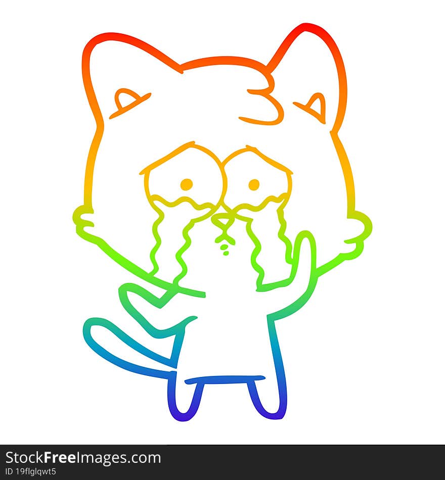 Rainbow Gradient Line Drawing Cartoon Crying Cat