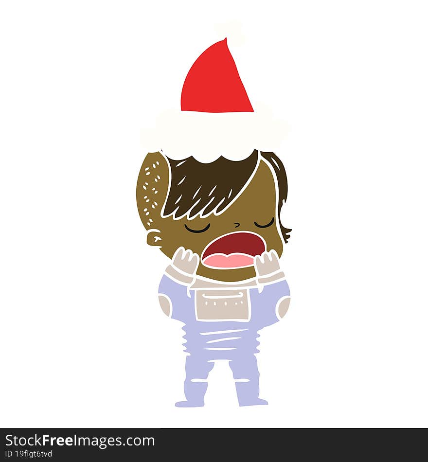 Flat Color Illustration Of A Cool Hipster Girl In Space Suit Wearing Santa Hat