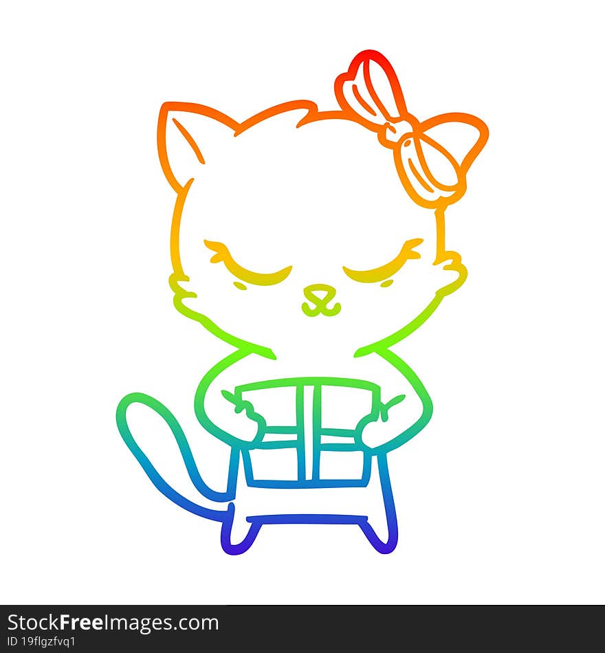 rainbow gradient line drawing cute cartoon cat with bow