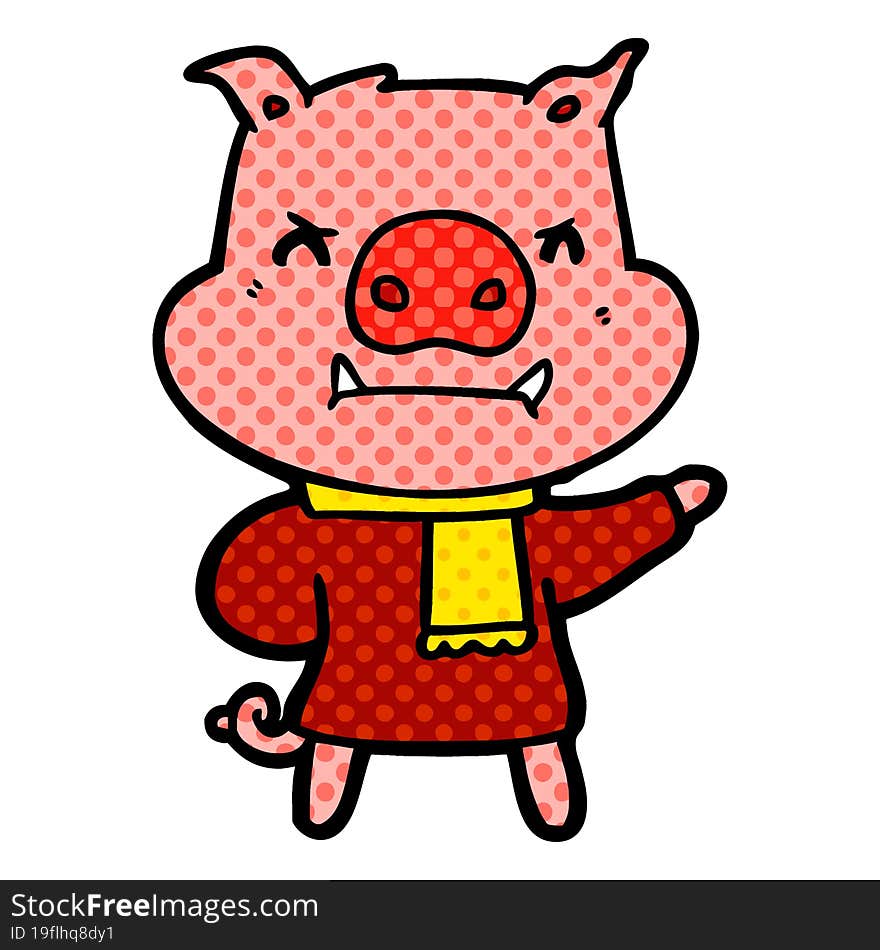 angry cartoon pig in winter clothes. angry cartoon pig in winter clothes