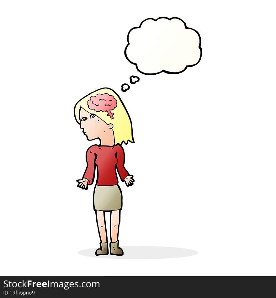 cartoon clever woman shrugging shoulders with thought bubble