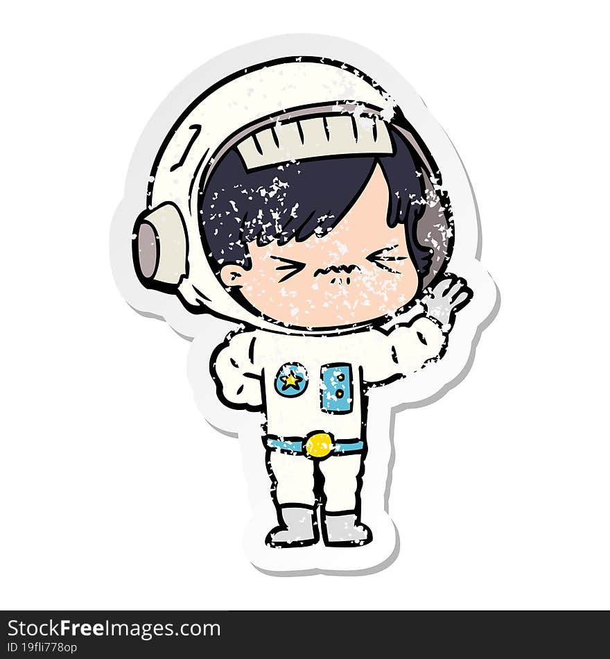 distressed sticker of a cartoon astronaut woman