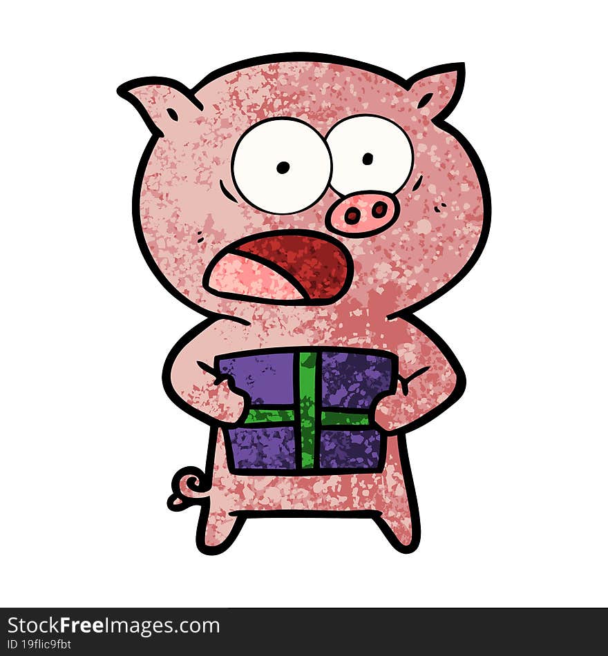 cartoon pig with christmas present. cartoon pig with christmas present