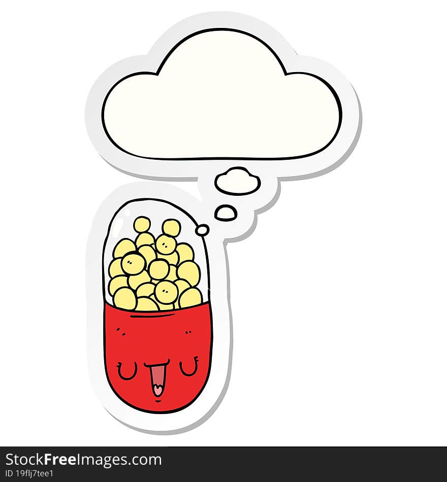 cartoon medical pill and thought bubble as a printed sticker